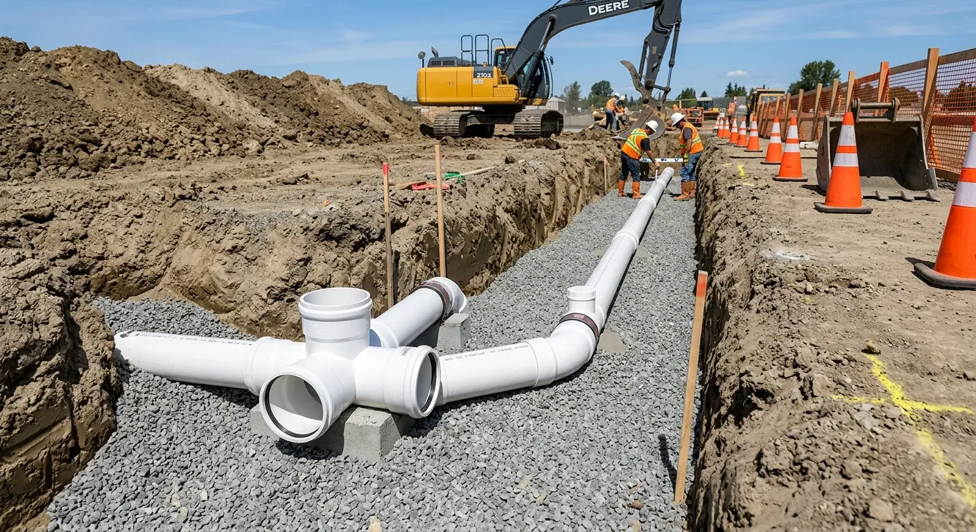 New PVC sewer pipe installation in open trench for Grease Trap Cleaning in Peculiar