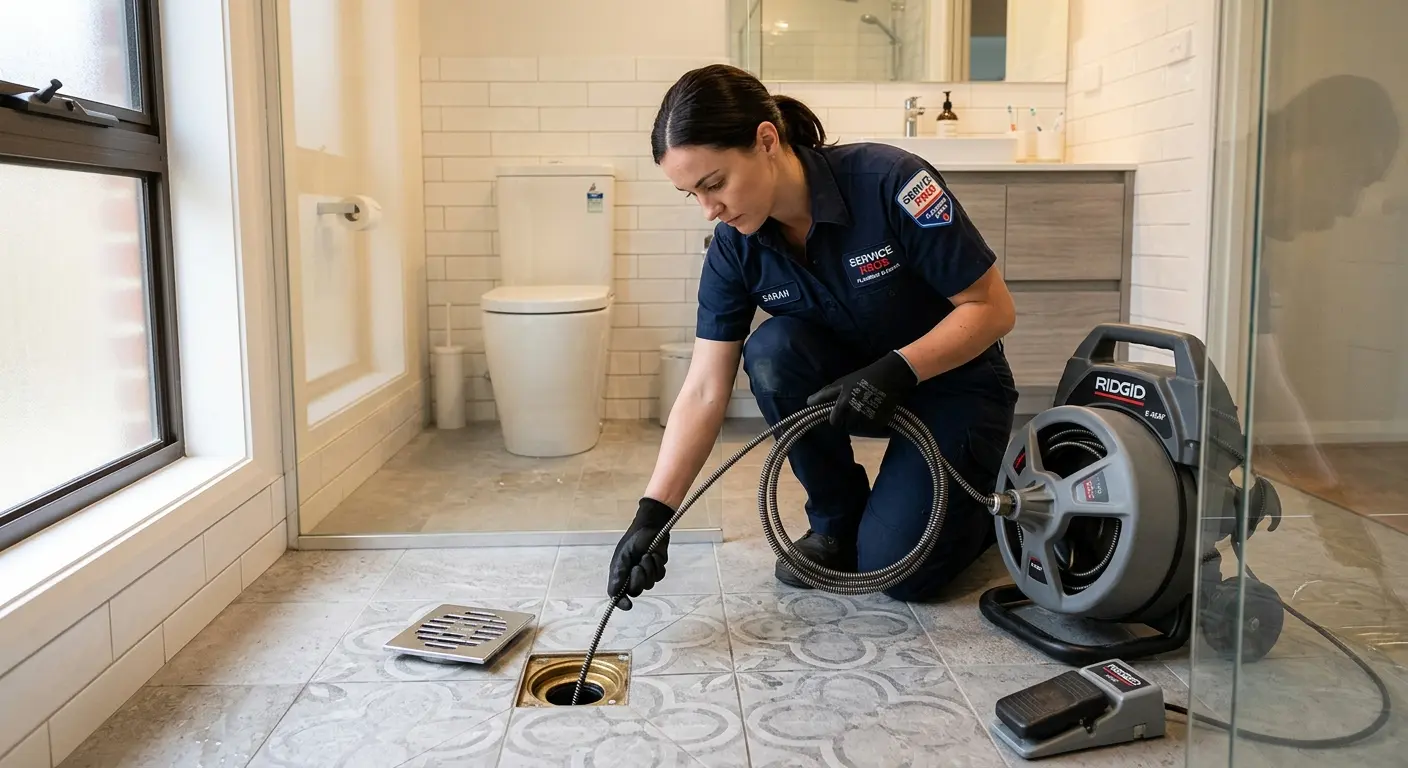 Technician clearing a bathroom floor drain for Sewer Line Replacement in Peculiar